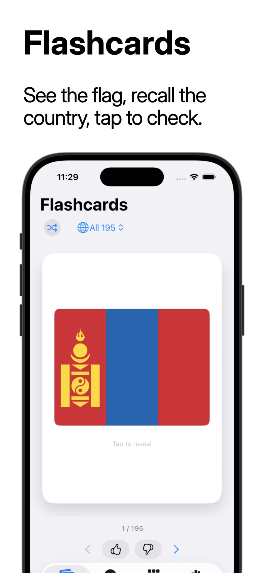 Flags flashcards screen: a flag shown with a prompt to recall the country.