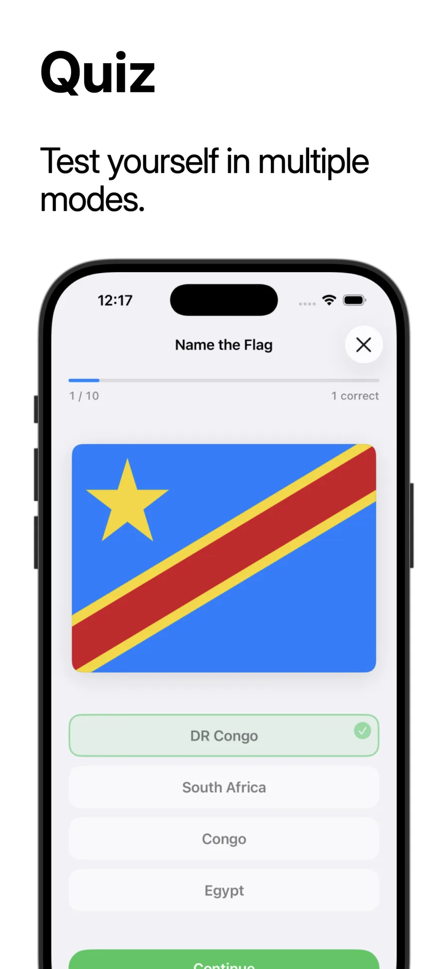 A Flags flashcard revealed, showing the country name and capital.