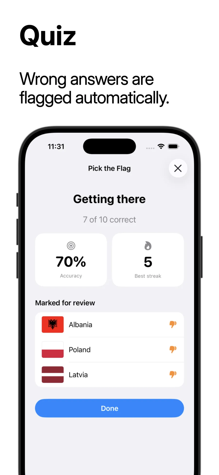 Flags quiz summary: accuracy, best streak, and flags marked for review.