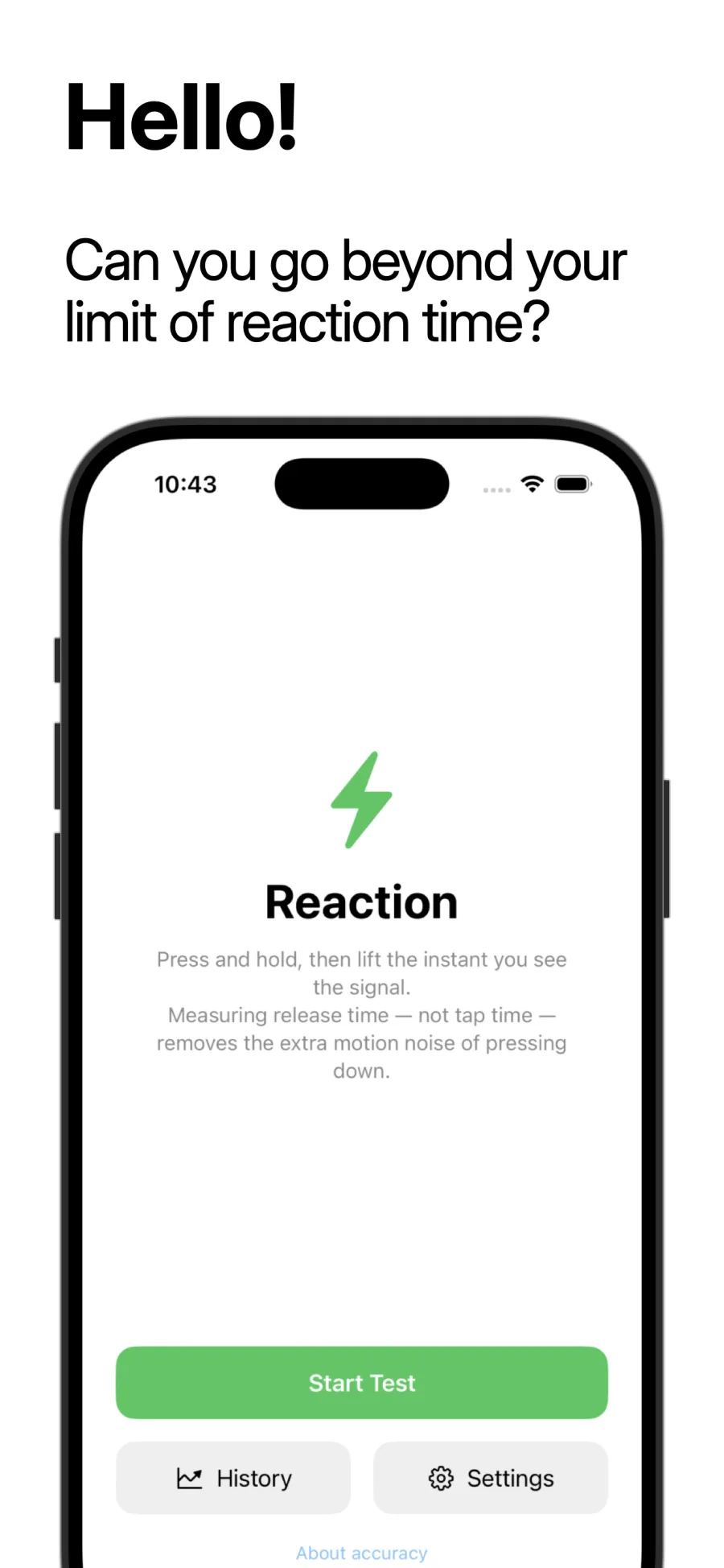 Reaction home screen: press and hold to start a test.