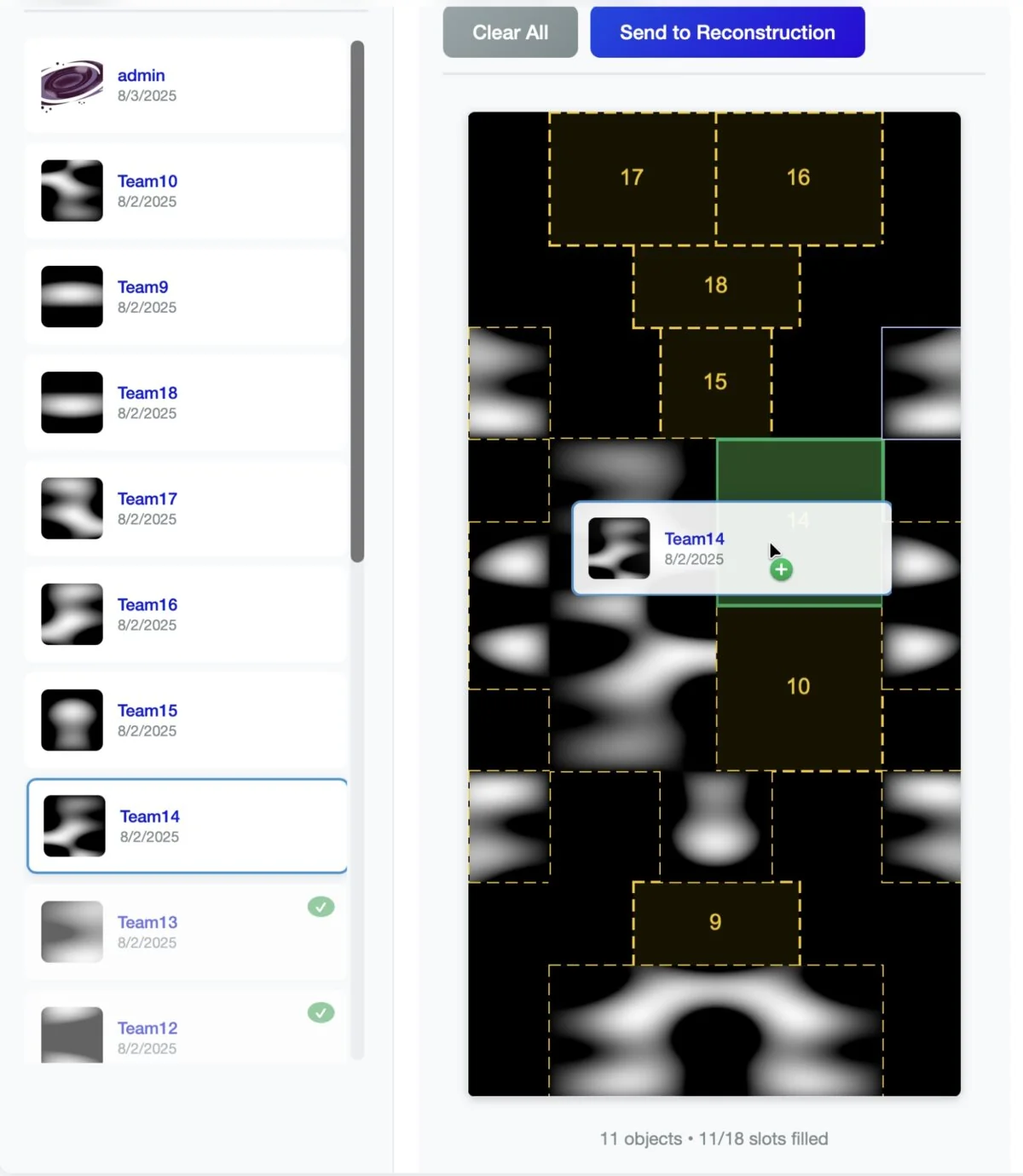 The platform's assembly canvas, where teams place diffraction-pattern fragments into an 18-slot grid before reconstruction.