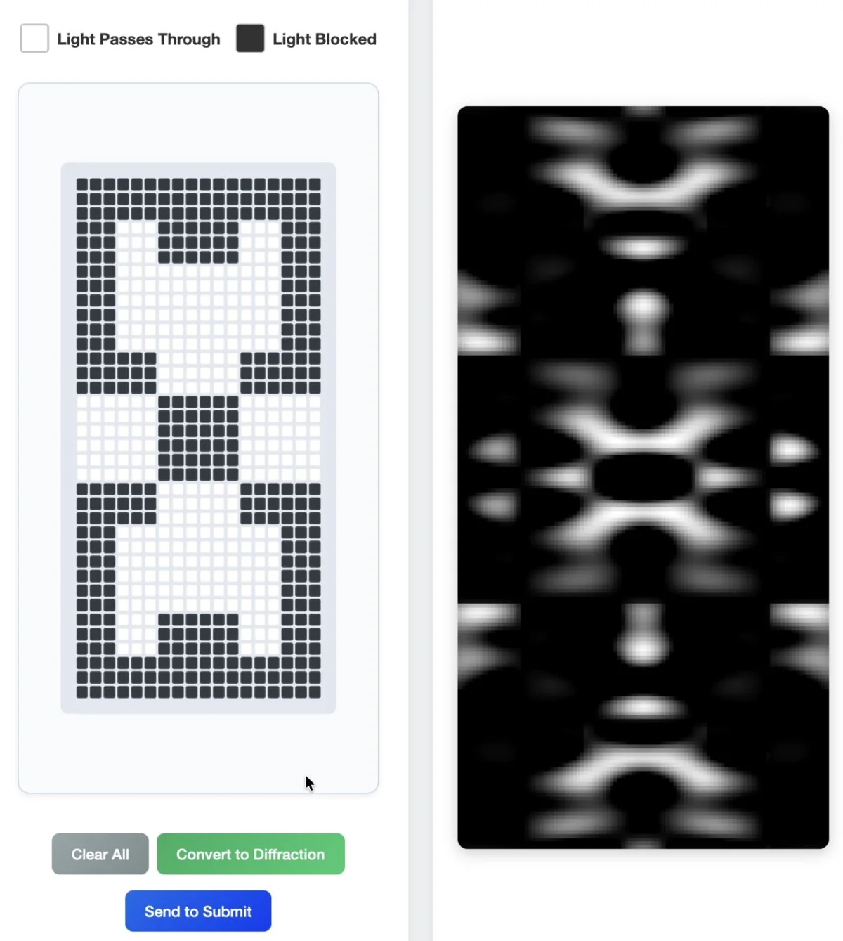 The reconstruction tool, a slit designer alongside the diffraction pattern it produces, used to recover the hidden shape.