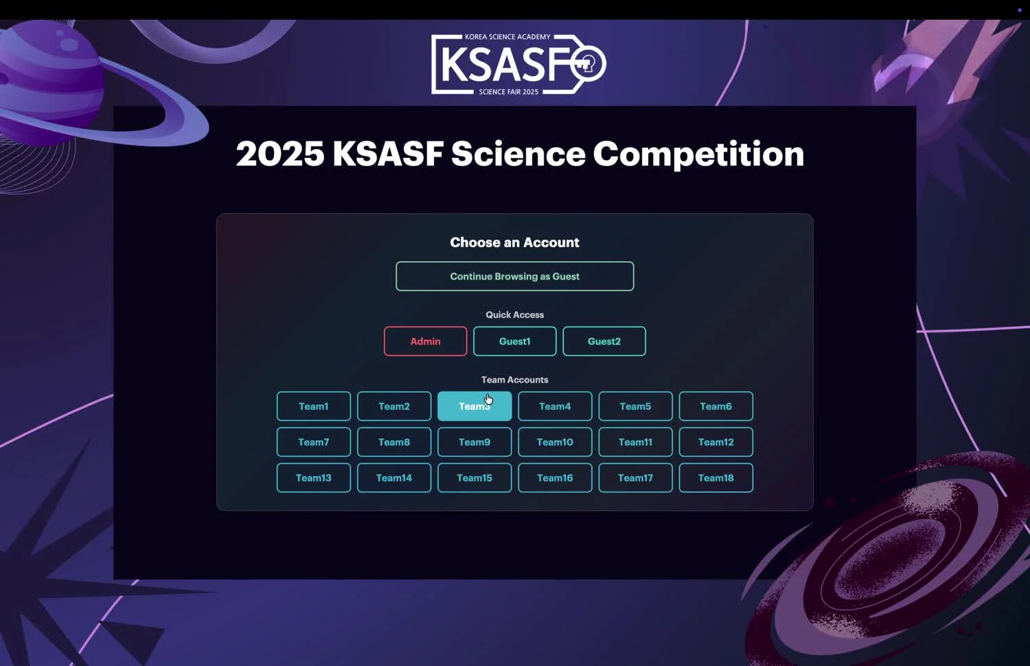 The KSASF 2025 platform login screen, a black-hole-themed account selection page.